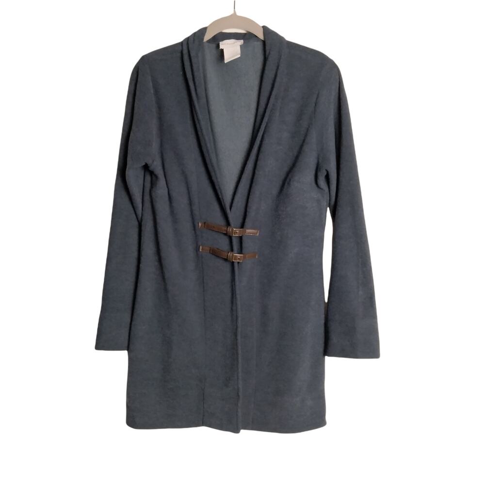 Soft Surroundings Sz S Navy Buckle Closure Knit Long Line Cardigan Soft Collared